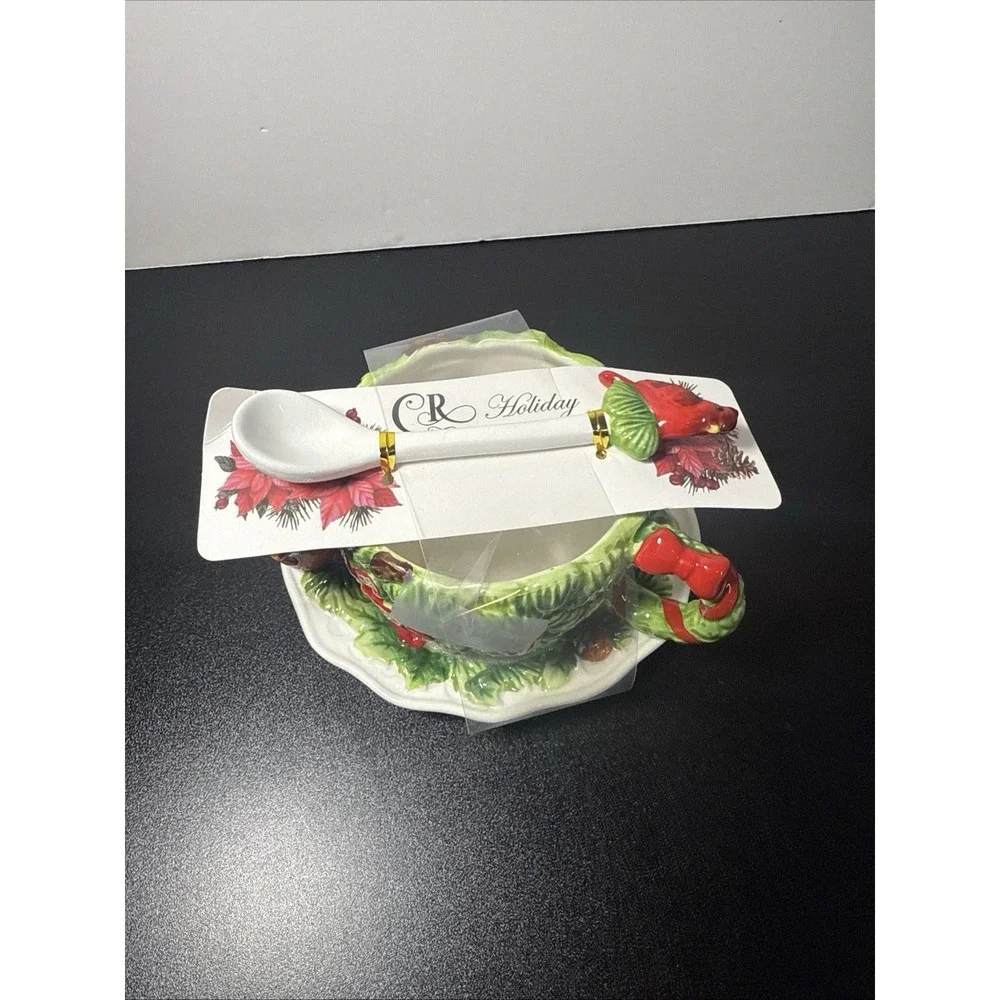 Corner Ruby Teacup Holiday Cardinal Collection 3Pc  Saucer &‎ Cardinal Spoon